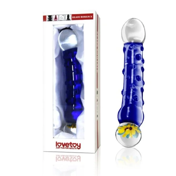 10-GS08-8 Vroubkované skleněné dildo - Romance - Flower 19cm Modrá