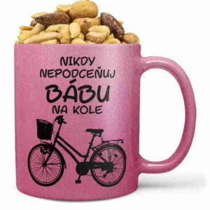 Hrnek Bába na kole (růžový) (Náplň hrníčku: Směs slaných oříšků)