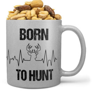 Hrnek Born to hunt (stříbrný) (Náplň hrníčku: Směs slaných oříšků)