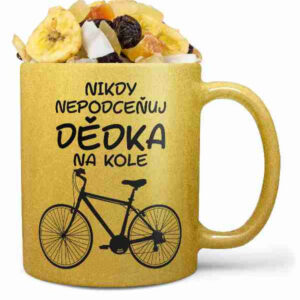 Hrnek Dědek na kole (zlatý) (Náplň hrníčku: Tropická směs)