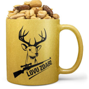 Hrnek Lovu zdar puška (zlatý) (Náplň hrníčku: Směs slaných oříšků)