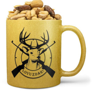 Hrnek Lovu zdar (zlatý) (Náplň hrníčku: Směs slaných oříšků)