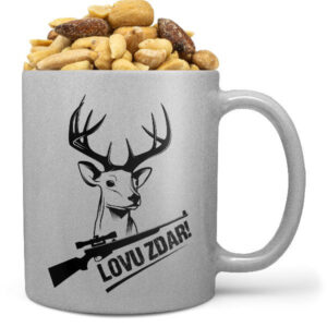 Hrnek Lovu zdar – puška (stříbrný) (Náplň hrníčku: Směs slaných oříšků)