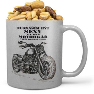 Hrnek Sexy motorkář – stříbrný (Náplň hrníčku: Směs slaných oříšků)