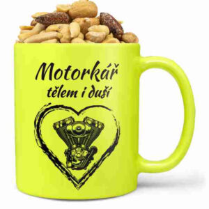 FLUO Hrnek Motorkář tělem i duší (Náplň hrníčku: Směs slaných oříšků)